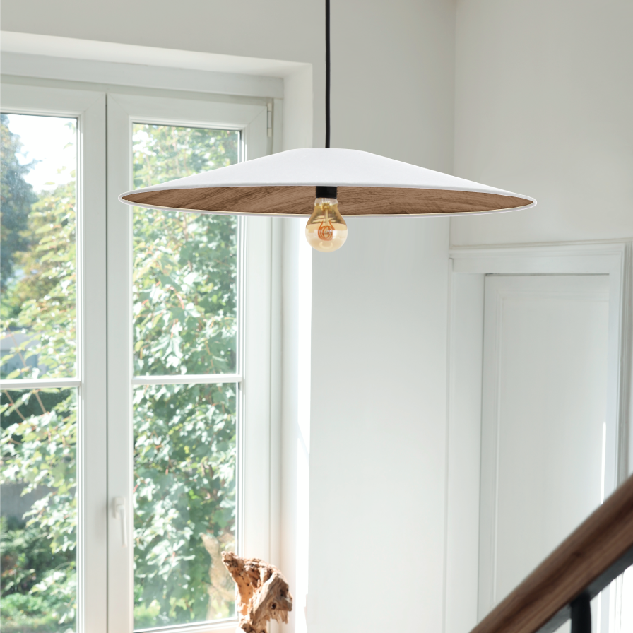 Suspension conique scandinave en coton blanc et effet bois